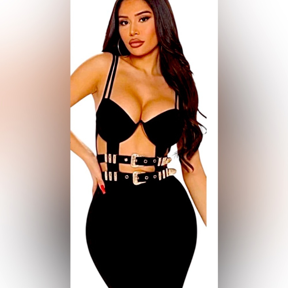 FASHION NOVA Black Cutout Jumpsuit Gold Hardware L